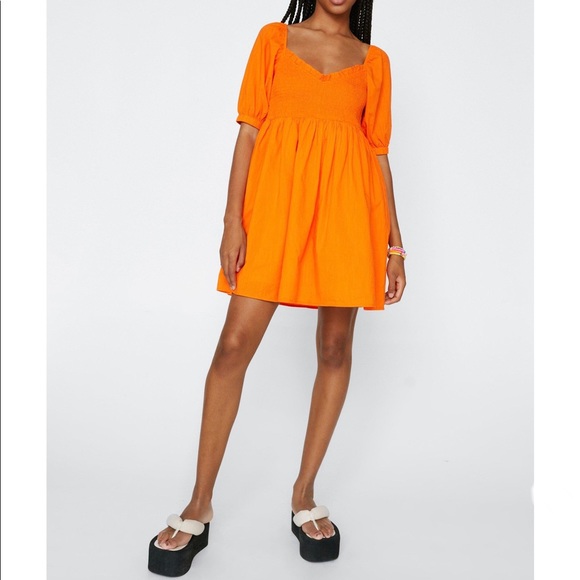Shirred Milkmaid Mini Dress Orange NWT - Picture 1 of 11